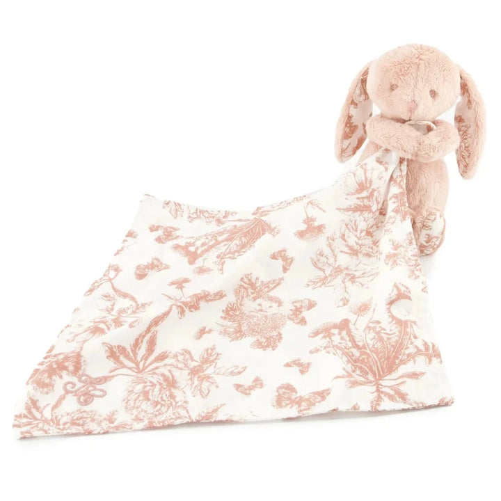 knuffeldoekje in toile de jout print met konijntje in oudroze