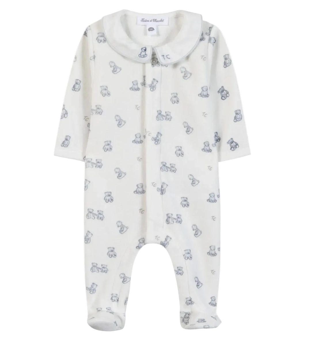 Offwhite velours babypakje met beertjesprint in lichtblauw van Tartine et Chocolat