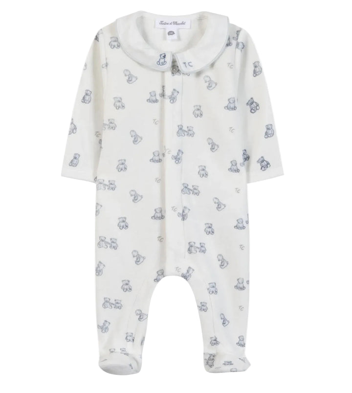 Offwhite velours babypakje met beertjesprint in lichtblauw van Tartine et Chocolat