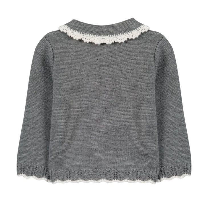 achterkant van luxe wolmix vest in lichtgrijze melange met offwhite ajour details 