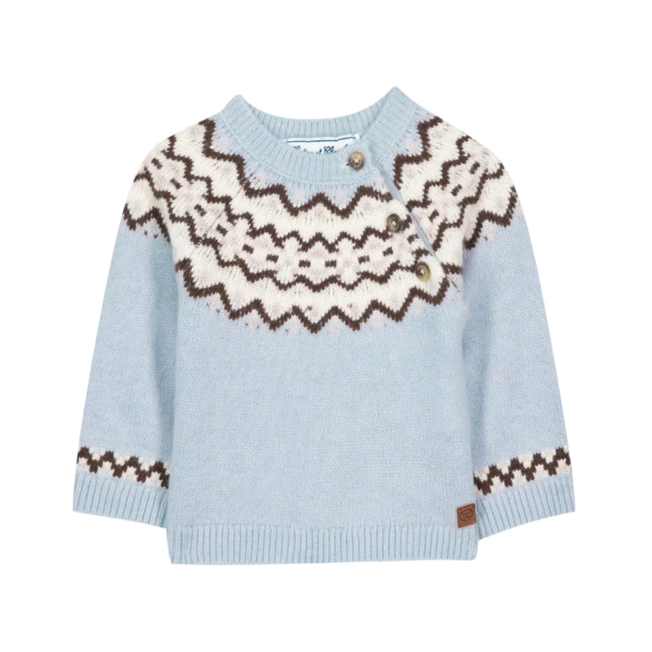 gebreide trui in lichtblauw met jacquard patroon van tartine et chocolat