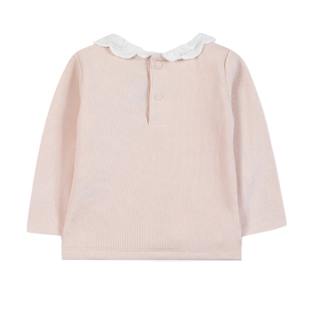 achterkant van rib katoenen t-shirt met drukknoopjes aan de achterkant in pale pink 