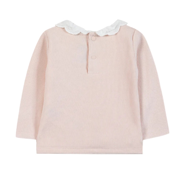 achterkant van rib katoenen t-shirt met drukknoopjes aan de achterkant in pale pink 