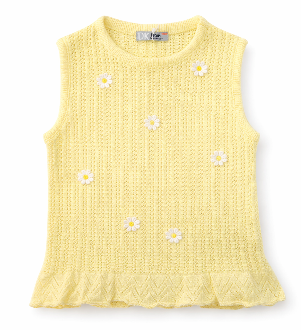 butteryellow top met madeliefjes gebreid van het merk dr. kid 