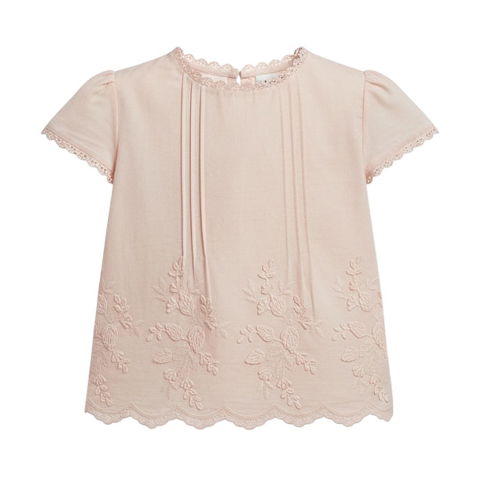Prachtige blouse/top met korte mouwen en broderie anglaise in pearl pink van LRDM petits