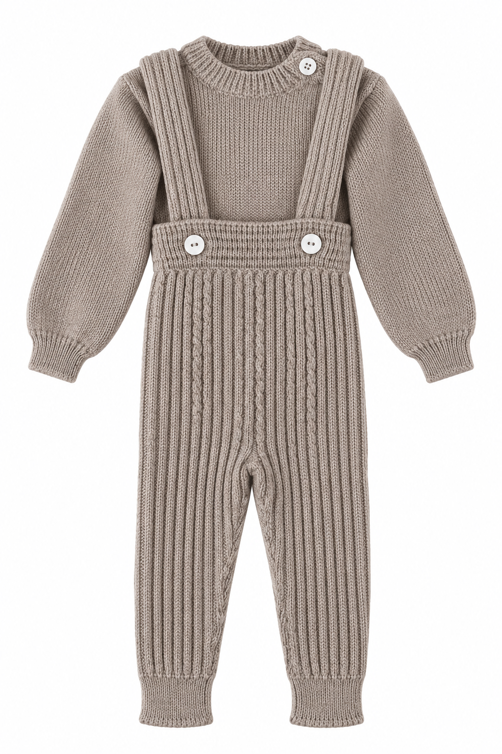 tweedelige gebreide set salopette met trui van wedoble merino wol