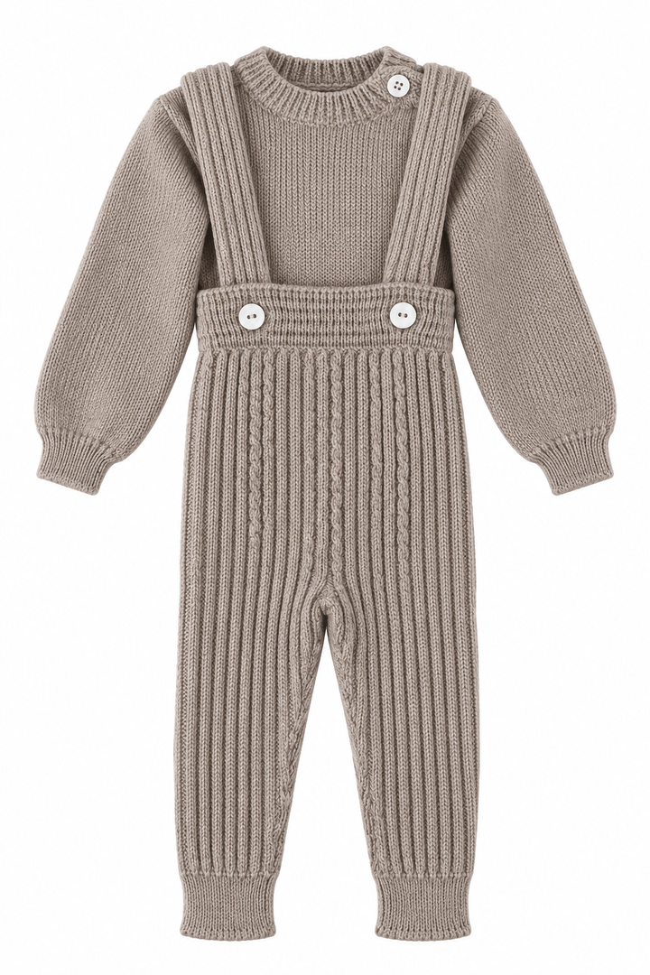 tweedelige gebreide set salopette met trui van wedoble merino wol