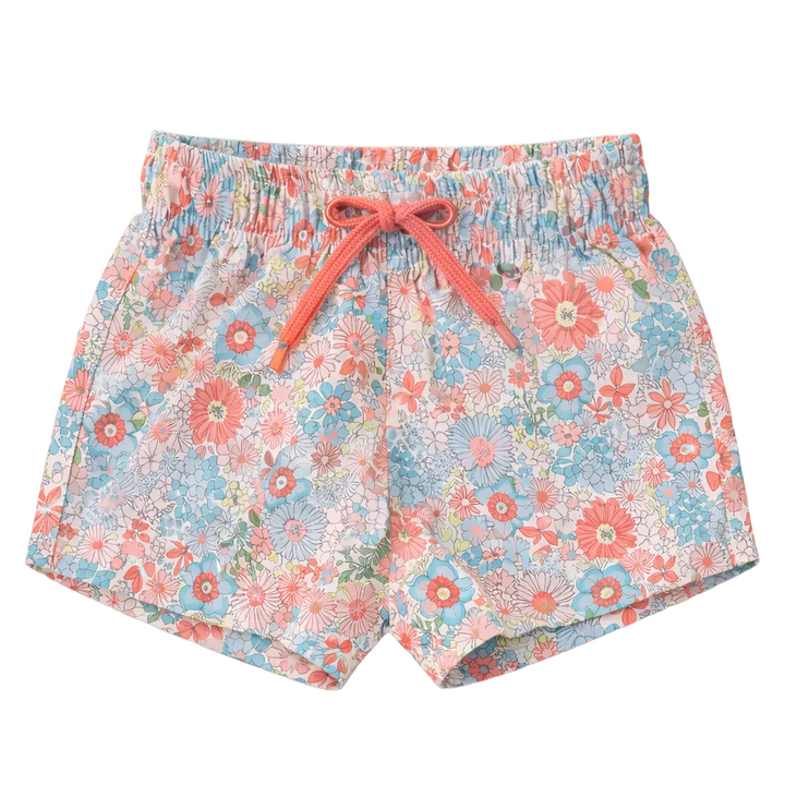 vrolijke zwembroek met koraal tinten en bloemen print