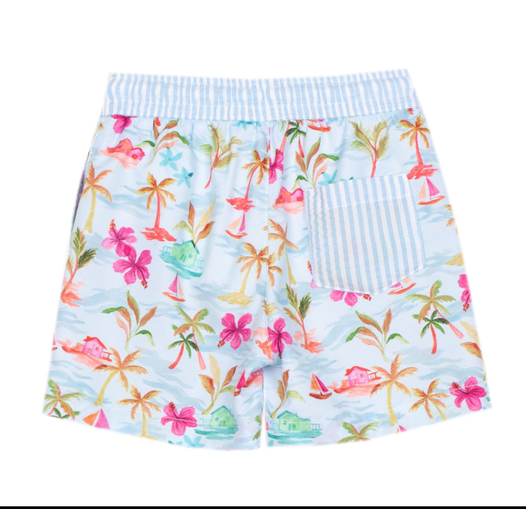 achterkant van zwembroekje patachou met palmbonen en zomerse print