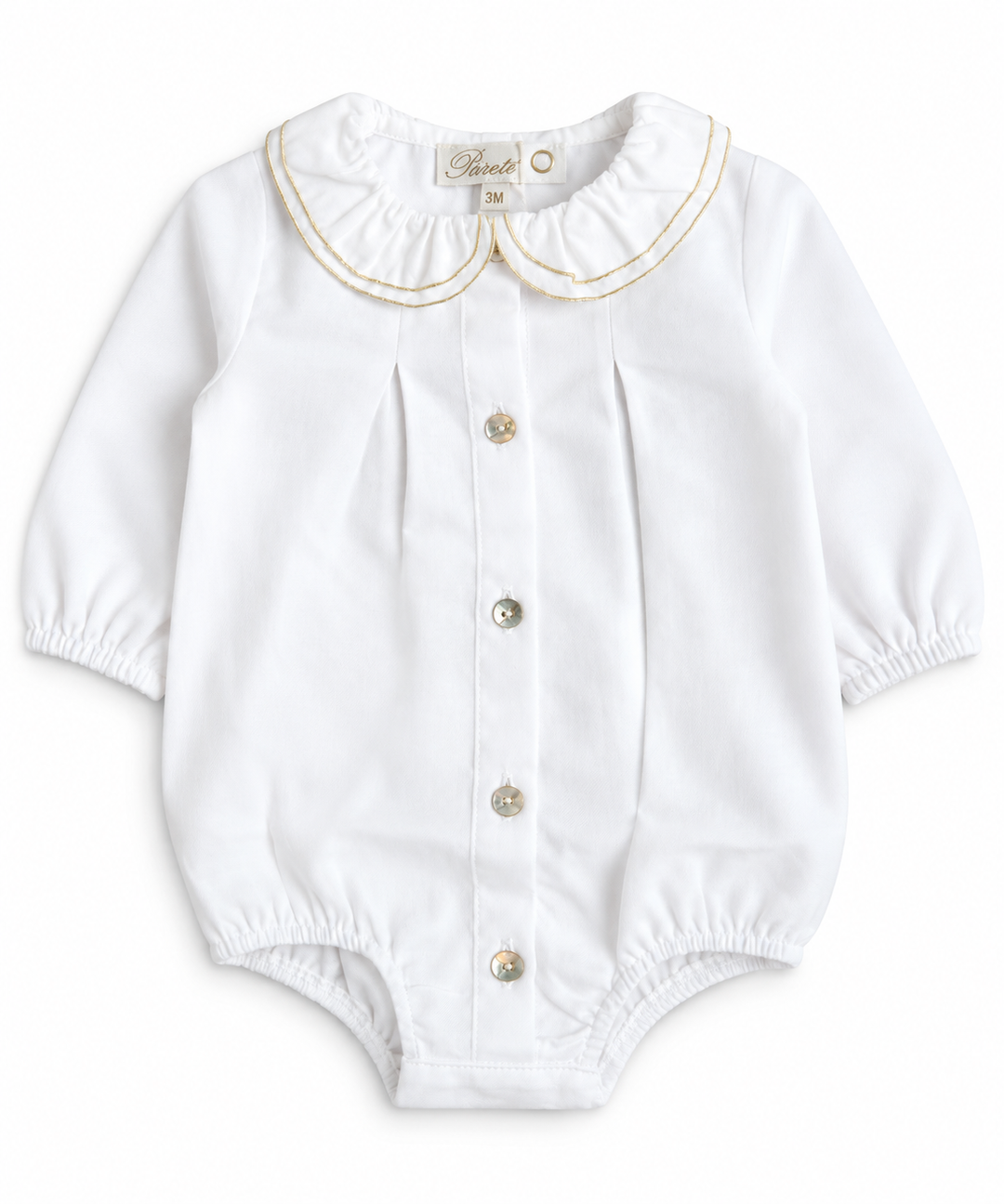 Pureté du Bébé romper met volantkraag en gouden lurex bies