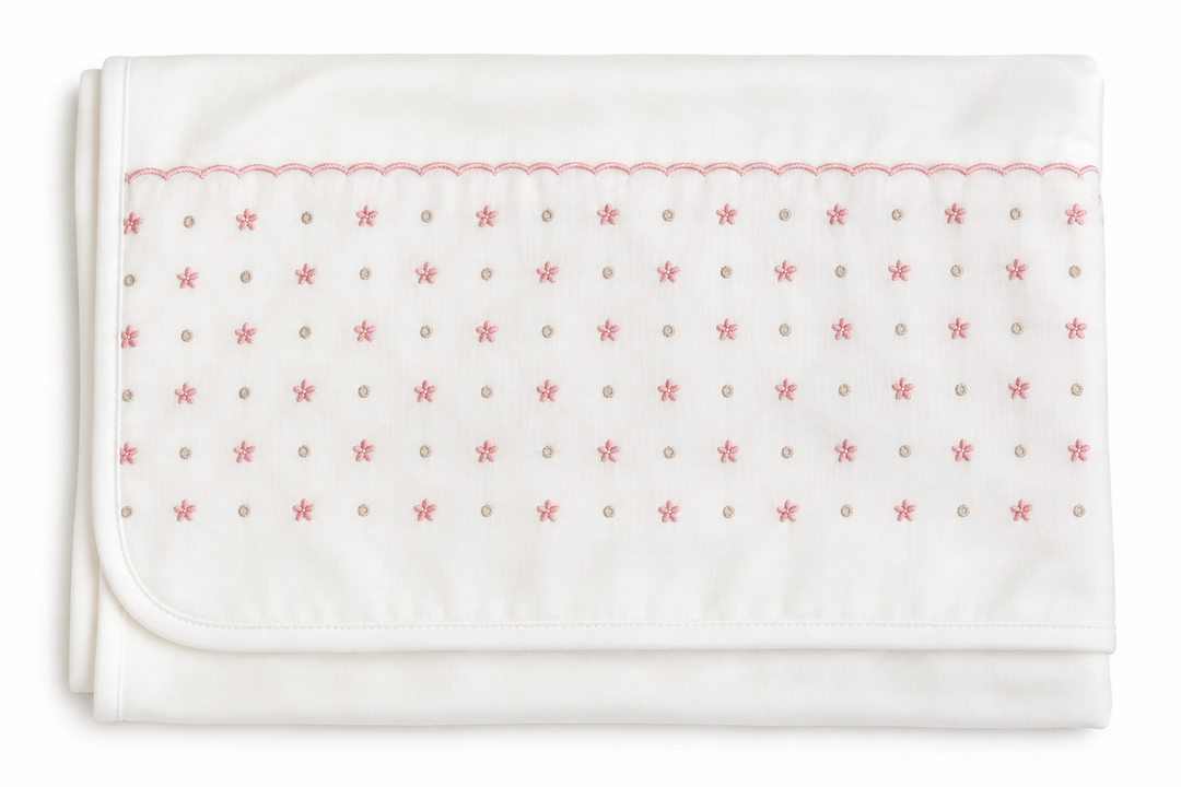 Pureté du Bébé witte deken met geborduurde roze bloemetjes | Personaliseerbaar
