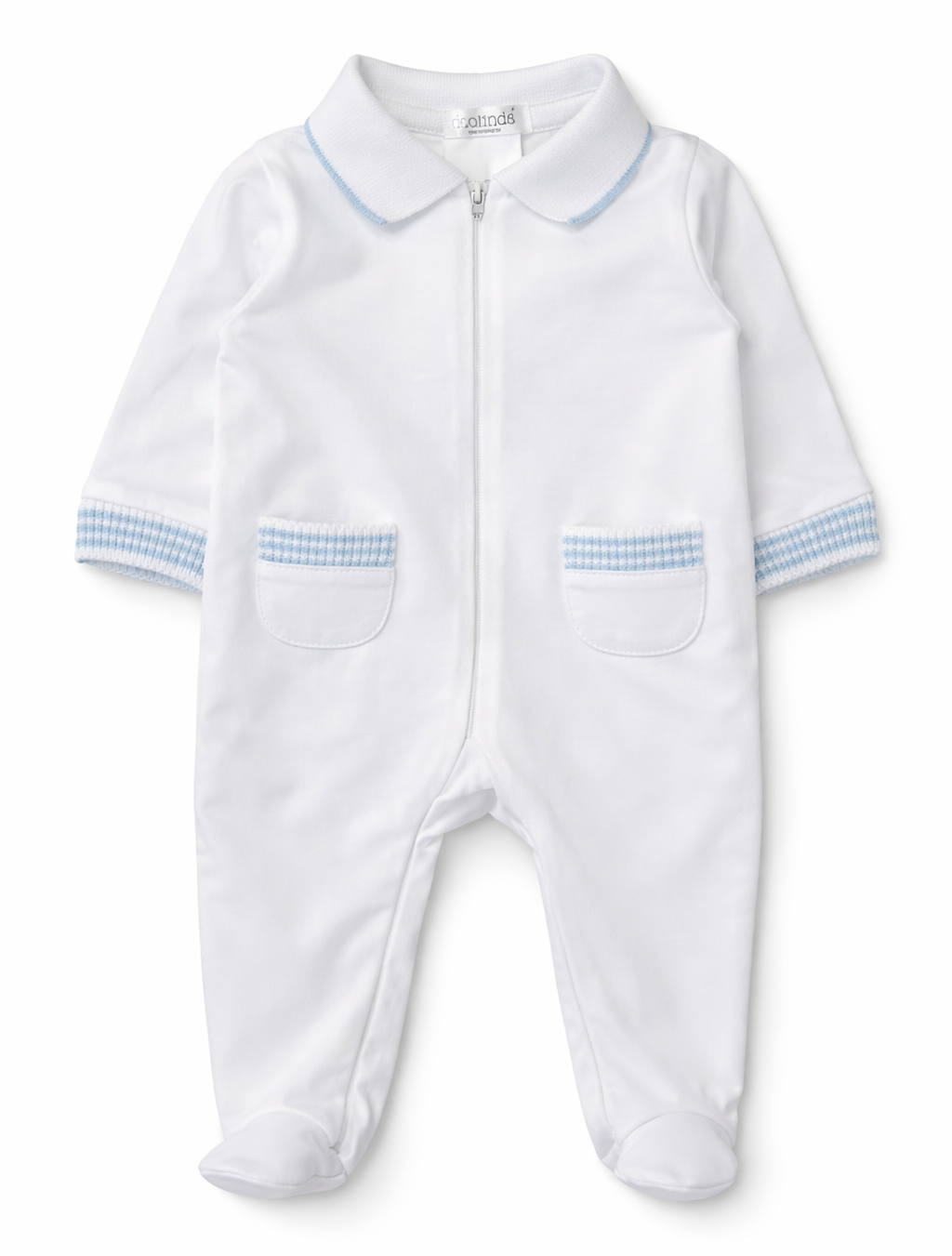 Wit babypakje met lichtblauwe details en ritssluiting van Deolinda 