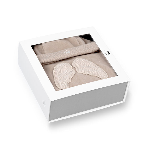 First Angels velours gift set beige & offwhite | Babypakje met vleugels & mutsje