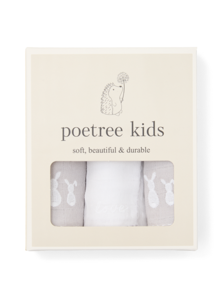 Doosje met 3 hydrofiele doekjes in lichtgrijs & wit van het merk Poetree Kids