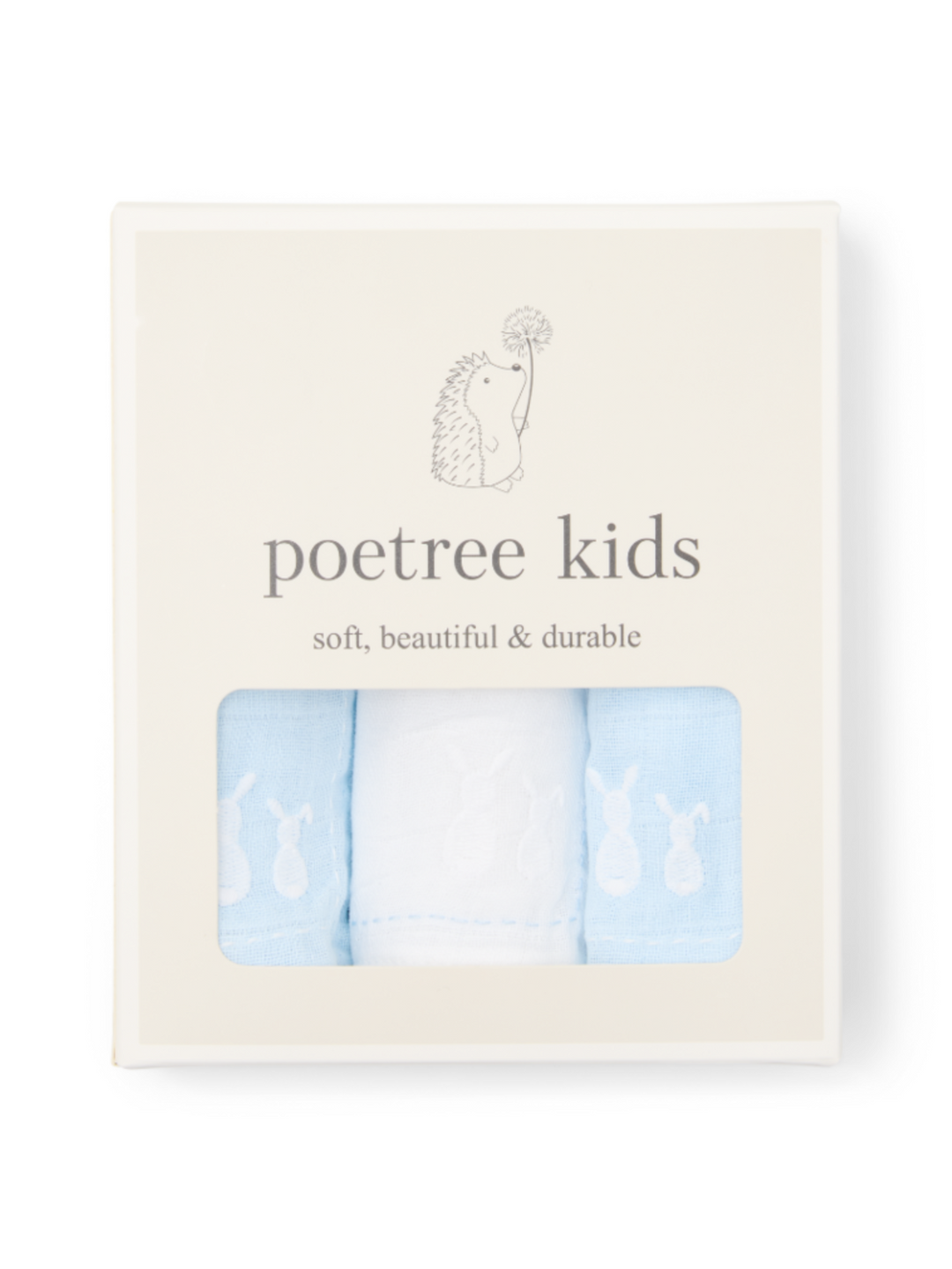 Doosje met 3 hydrofiele doekjes van het merk Poetree Kids in lichtblauw & wit