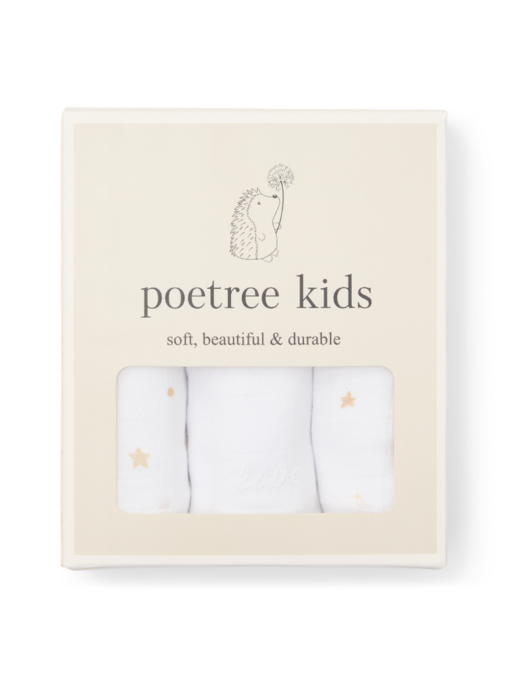 Doosje met 3 hydrofiele doekjes uit de Moons & Stars Collectie van Poetree Kids