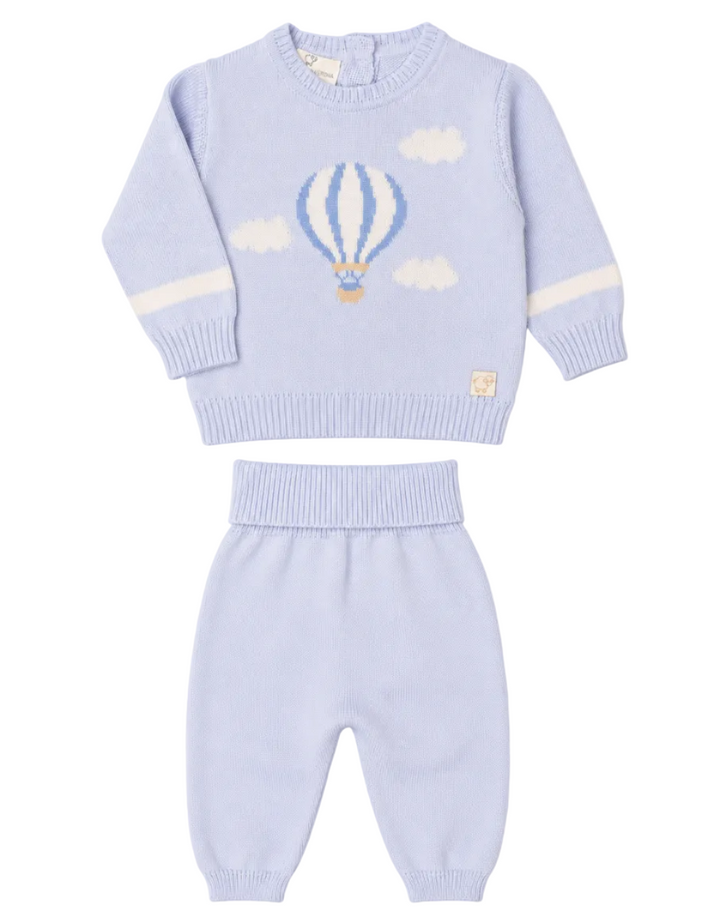 Lichtblauwe babyset in lana wol met luchtballon in lichtblauw 