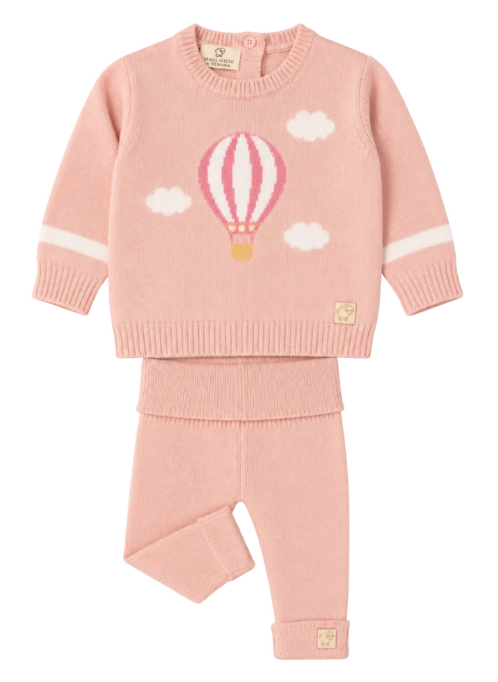 Lichtroze gebreide set trui met run legging met luchtballon print van Lana wol