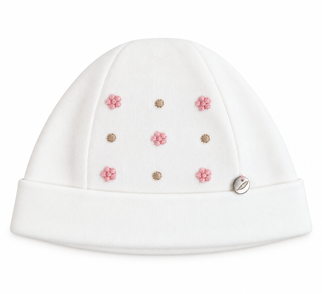 Pureté du Bébé wit mutsje met geborduurde roze bloemetjes