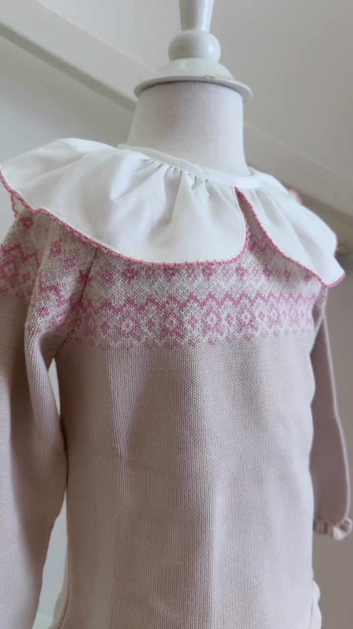 Granlei Tweedelige Gebreide Set met Wijde Broek – Beige & Roze