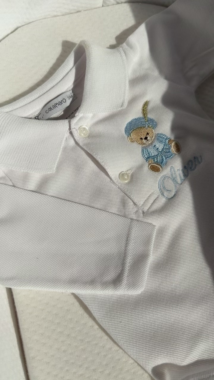 Calamaro polo romper wit met lange mouwen | Personaliseerbaar